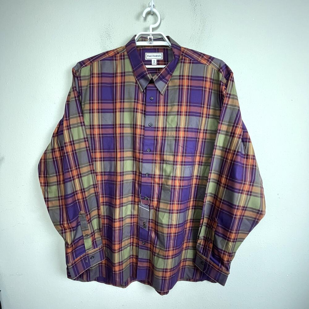 Paul‎ Fredrick Big & Tall 19 Plaid Button-Up Shirt Maroon Green Non-Iron NWOT